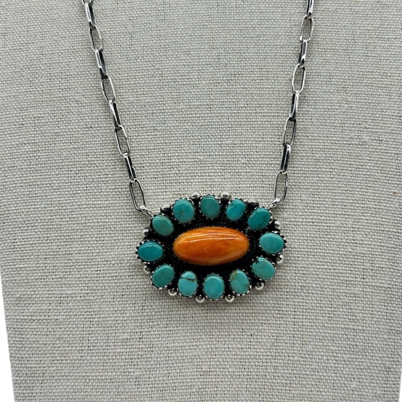 925 Sterling Silver Natural Spiny Oyster & Kingman Turquoise Cluster Necklace - Picture 3 of 7